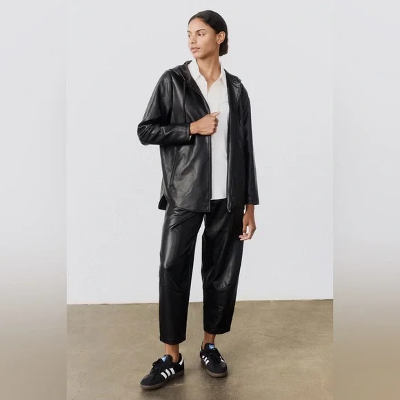 $349 RUTI Black Vegan Leather Hooded Jacket, Size 6 - Picture 1 of 8